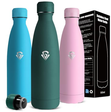 Botella Agua Acero Inoxidable, 500ml Botella Termica, sin BPA, Cantimplora Acero Inoxidable, A Prueba de Fugas, Cantimplora Infantil, Aislamiento al Vacío, para Estudio, Pesca, Hogar