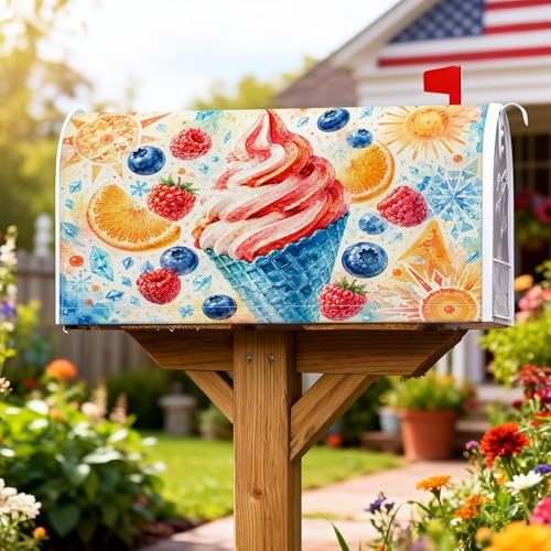 Coperture magnetiche per cassette postali a forma di cono gelato, colore rosso lampone, lampone, mirtillo, decorazione per esterni, giardino, cortile, 45,7 x 53,7 cm