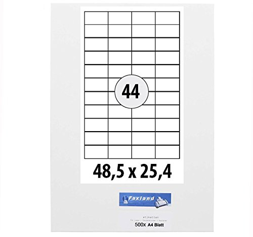 500x A4 Bögen Etiketten 48.5 x 25.4 mm für Amazon FBA Versand, 44x je Blatt (500 A4 Blätter) 48x25 weiße selbstklebende Faxland Versandetiketten