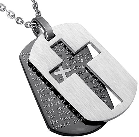 ALEXTINA Herren Damen Edelstahl Bibel Vers Das Gebet des Herrn Kreuz Halskette Hundemarke Anhänger mit Frei Kette Silber