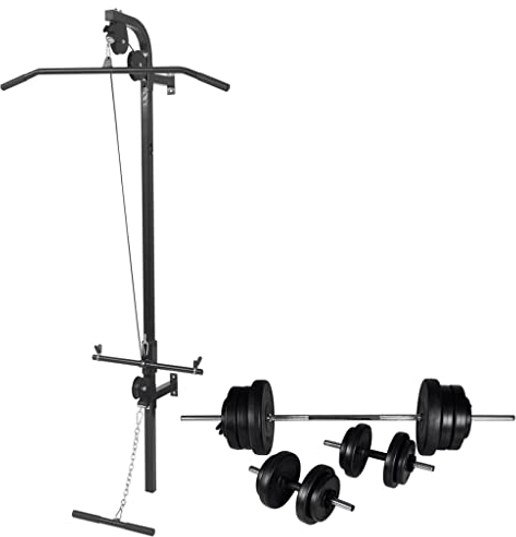 vidaXL Latzugturm Wandmontage Langhantel Kurzhantel Set 60,5kg Latzug Seilzug