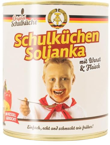 Original Schulküche DDR Soljanka mit Fleisch & Wurst, 800g Dose | Herzhafte Suppe nach DDR Rezeptur im Kessel gekocht - inklusive Kochbuch und Geschenkkarte - traditionelle Hausmannskost