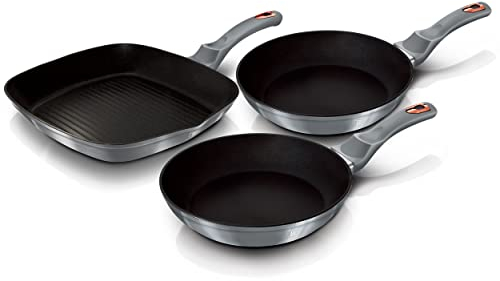 Berlinger Haus Moonlight Juego 2 Sartenes y Grill Inducción 20-24-28cm, Aluminio Forjado, Antiadherente Ecológico Titano sin PFOA, Diseño Moderno, Apta para Todas Las Cocinas, Vitrocerámica, Gas