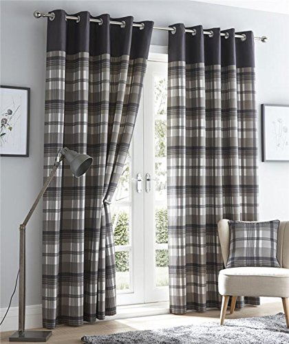Homemaker Grey curtains eyelet ring top lined curtains tartan check 90 x 90 (229x229cm)