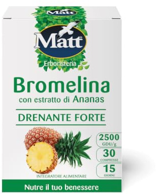 Matt, Bromelina Forte Drenante, Integratore Alimentare con Estratto di Ananas per il Drenaggio dei Liquidi, Alleviare la Pesantezza delle Gambe e Contrastare la Cellulite, 30 Compresse