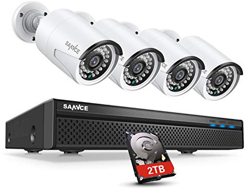 SANNCE 5MP POE CCTV Camera System, 8CH NVR Recorder with (4) 2560 * 1920P Outdoor Security IP Camera, Audio Recording, P2P, Motion Alert with Image, 2TB Hard Drive Pre-Installed