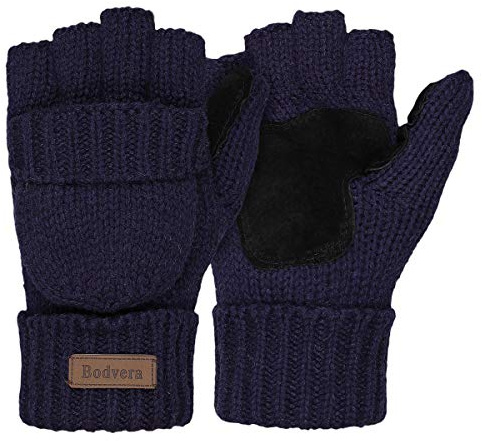 Bodvera Thermal Insulation Fingerless Texting Wool Gloves for Women and Men Winter Warm Knitted Convertible Mittens Flap
