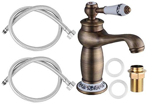 Umisu - Grifo de lavabo retro de latón de cerámica y grifo antiguo, grifo de agua fría/caliente para la cocina, cuarto de baño, latón antiguo