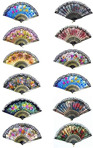 QISEQIRO Spanish Folding Hand Fan,Handheld Fans Summer Vintage Dancing Party Hand Fans for Girls Women (12 PCS, Random Pattern)