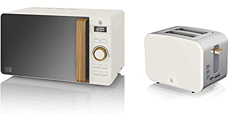 Swan Nordic Micro-ondes numérique 20 L, 6 niveaux de fonctionnement, 800 W puissance, minuterie 30 min & Nordic Grille-pain à fente large 2 tranches, 3 fonctions, 6 niveaux de grillage, blanc mat