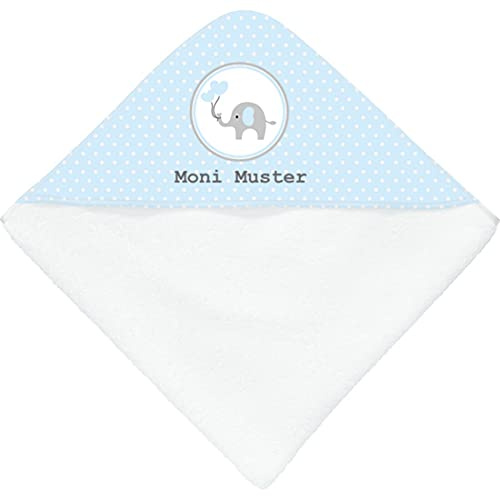 Manutextur Kapuzenbadetuch mit Namen - personalisiert - Motiv Elefant hellblau - viele Motive - Kapuzenbadetuch- weiß - Größe 80x80 cm - persönliches Geschenk mit Wunsch-Motiv und Wunsch-Name