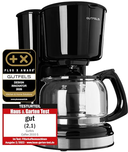 GUTFELS COFFEE 2010 S Filterkaffeemaschine - 1,5l Glaskanne für 12 Tassen | Kaffeemaschine mit Warmhalteplatte & Abschaltautomatik, 870W, Filtergröße 1x4, Wasserstandsanzeige, Edelstahl-Details