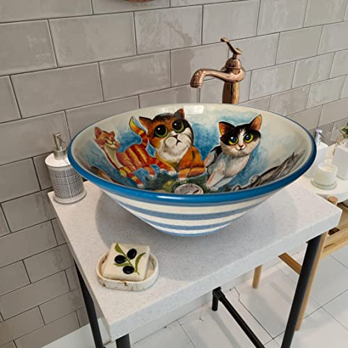 Bathroom Cats Vessel Sink, Animal Washbasin, Half Bathroom Pottery Round Sink, Ceramic Bathroom Hand Crafted Sink, Guest Bathroom Remodeling (Diameter: Faucet, Pattern: Standard)