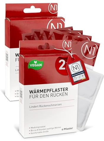N1 Värmeplåster rygg 2 x 4 st – [medicinsk produkt med bevisad effekt] – lindrar ryggsmärta – bekväm storlek – ryggvärmare, ryggsmärta, värmedyna, värmebälte rygg smärtplåster
