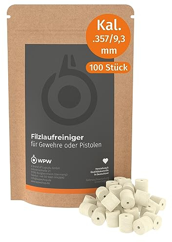 WPW Laufreiniger aus Filz für Kaliber 9mm para / 357 Magnum / 38 Special - 100 Stück, Filzreiniger, Gewehr, Flinten, Pistole & Revolver, Filz-Reiniger zur Waffenpflege & Waffenreinigung