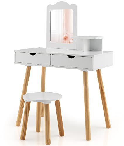 GYMAX Kids Vanity Table and Stool Set, Wooden Children Dressing Table with 2 Drawers and Storage Shelf, 2 in 1 Girls Make up Desk for Bedroom (White)
