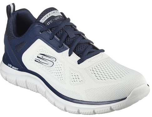 Skechers Seguimiento Más Amplio, Zapatillas de Deporte Hombre, Malla de Poliuretano de Ingeniería Blanca Rota con Ribete Azul Marino, 44 EU