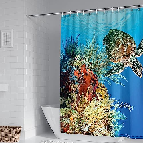 Whoiy Duschrollo Blau, Duschvorhang Eckdusche 165X200cm Polyester Duschvorhänge Meeresschildkröte Gelbgrün Waschbar Wasserdicht