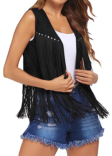 Acrawnni Women Tassel Vest 70s Hippie Faux Suede Rivets Sleeveless Fringe Waistcoat Jacket Open Front Boho Western Jacket Cardigan (A-Black, XXL)