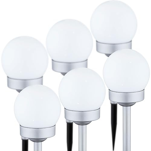 bmf-versand® Solarlampen für außen Garten als 6er Set - Solar Wegeleuchten aussen mit Erdspieß in Silber - Solarleuchte Garten Gartenleuchten Kugel Solarlampe Außen Gartenlampe Leuchte IP44
