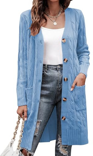 Aottori Stickad kofta för kvinnor med långa ärmar med knappar Cardigans Casual kappa Öppen Front Pullover Jacka med fickor, Grå, blå, S
