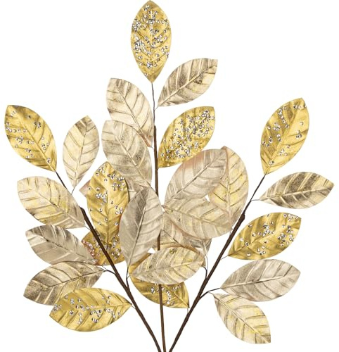 Künstliche Weihnachtszweige mit Glitzer – 3er Set | 60 cm Dekozweige in Champagne - Gold | Kunstzweige Weihnachtsblätter für Festliche Weihnachtsdeko, Vasen, Kränze & Tischgestecke