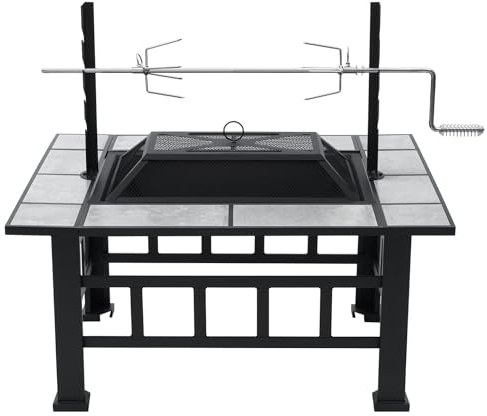Feuerschalentisch für den Außenbereich, 94 cm, quadratische Feuerstellen mit Grill, groß, Holzverbrennung, robuster Stahl, Grill, Lagerfeuerstelle, Outdoor-Kochen mit Funkenschutz, Holzrost,