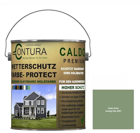 Contura Wetterschutzfarbe 2,5 Liter Holz Dauerschutzfarbe Deckend Buntlack Holzfarbe Holzlasur Seidenmatt (Natur Grün - RAL 6021 Analog)