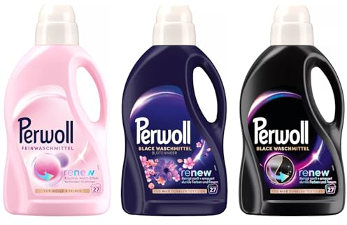 PERWOLL Flüssig-Set 3x 27 Waschladungen (81WL) 1x Black & 1x Black Blütenmeer & 1x Für Wolle & Feines, Feinwaschmittel-Set reinigt sanft und erneuert Farben und Fasern