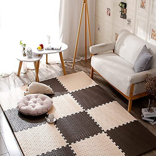 Weiche ineinandergreifende Krabbelmatte, 23,62 x 23,62 x 0,47 Zoll, Faltbare, wasserdichte Schaumstoff-Spielmatten, Haltbarkeit, rutschfest, für Bodenschutz/Übung/Yoga, Beige + Kaffee, 9