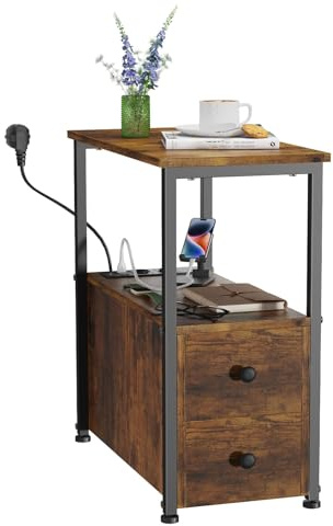 Utlenianie Set di 1 Comodino Stretto con Prese, Tavolino da Divano con Prese e Porte USB, Comodino Camera da Letto Stretto con 2 Casset, Comodini Stretti, 30x60x61cm, Legno Scuro
