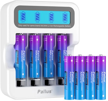 Pallus Rechargeable AAA Lithium Battery, 1100mWh High Capacity 1.5V AAA Battery Lithium, 8 Pack Rechargeable Li-Ion Batteries with LCD-Display Charger