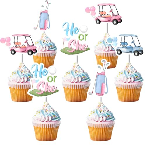 Sursurprise 36Pcs Golf Theme Gender Reveal Cupcake Toppers, Blue Pink He or She Golf Gender Reveal Decorations Cupcake Picks for Baby Shower Pregnancy Announcement Sports Party Decor
