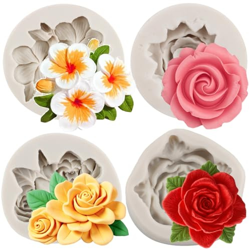 MYPRACS Moldes de silicona con flores de hibisco, plumeria, rosa, fondant, moldes de silicona para decorar tartas, cupcakes, decoración de pasteles, arcilla polimérica, dulces, azúcar, manualidades,