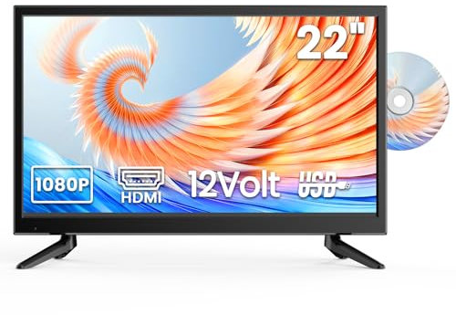 Desobry Mini téléviseur 22 Pouces 1080p avec Lecteur DVD intégré, Tuner DVB-T2 intégré, antenne, entrée HDMI/USB/AV - Combo TV-DVD 12 V pour Camping-Cars, Cuisines et Petits espaces