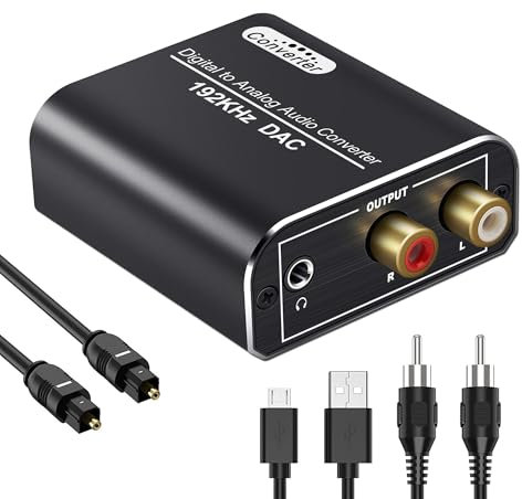 Convertitore audio digitale analogico, 192 KHz DAC, adattatore digitale coassiale e ottico Toslink a jack da 3,5 mm e adattatore audio stereo RCA (L/R) con cavo ottico per sistemi home cinema HDTV