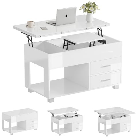 LSLIFE Modern Lift Top Coffee Table with 2 Drawer Storage, Extendable 4 in 1 Coffee Table Multi-Function White High Gloss Lifting Tea Desk for Home Office Dining Living Room (White)
