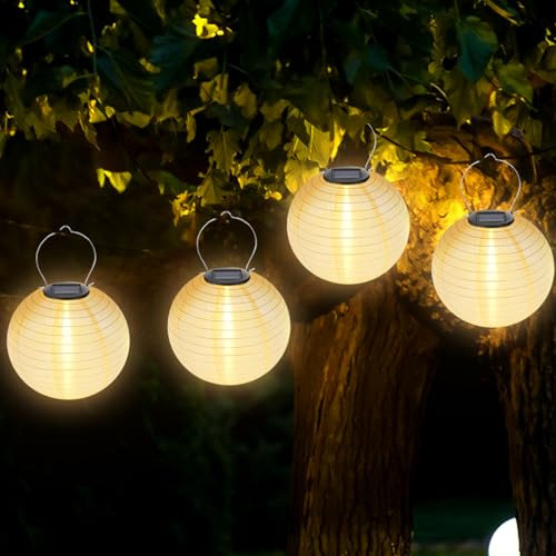 Lot de 4 lampions solaires d'extérieur résistants aux intempéries : 20 cm - Lanterne LED étanche blanc chaud - Lanterne solaire suspendue - Guirlande lumineuse pour jardin, terrasse