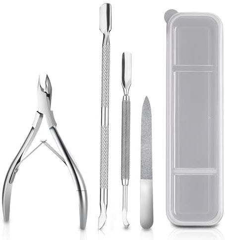 Set Manicura y Pedicura Profesional 4 en 1 – Cortacutículas, Lima de Uñas y 2 Empujadores de Cutículas de Acero Inoxidable – Kit Corta Uñas Adulto, Removedor de Cutículas, Ideal para Viaje