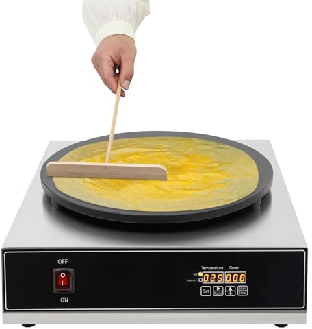 Crepesmaker Edelstahl 2800W Crepe-Eisen mit Antihaftbeschichtung 40cm runder Backplatte Digitalanzeige Temperaturregelung 32-570°F Schnellheizung für Restaurant Cafe Haushalt (Silber)