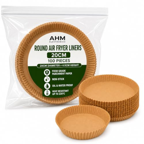 Round Air Fryer Liners 100 per Pack – 20cm Air Fryer Paper Liner Parchment Paper, Non-Stick, Unbleached, Perforated, Fits Ninja, Tefal, COSORI and Many More. Heat Resistant to 230°C
