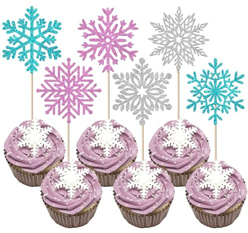 36 Stück Schneeflocke Tortendeko Glitzer Winter Frost Kuchen Deko Winter Schneeflocke Cupcake Toppers für Baby Dusche Kinder Geburtstag Party Kuchen Dekorationen Buntes
