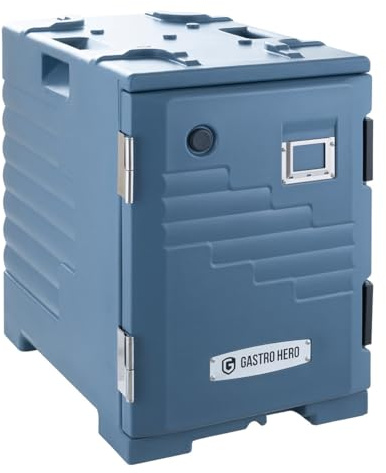 GastroHero Thermobox THBE90 | GN 1/1 Behälter | 90 Liter | Frontlader | isolierte Speisentransportbox | Catering Thermobox warm kalt | 12 Einschübe | stapelbar | mit Rollen | Profi Gastro Transportbox