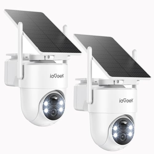 ieGeek 2K Camera Exterieur sans Fil Solaire Batterie S5 Blanc 2pcs | Panneau Solaire Amovible, 360° PTZ, Vision Nocturne Couleur, Détection Humaine PIR, Audio Bidirectionnel, 2.4GHz, Sirène