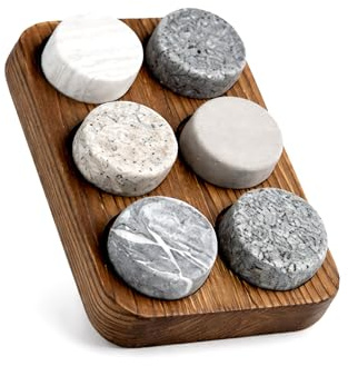 ME JO Whisky Chilling Stones Set of 6, Round Granite Whiskey Stones with Wooden Tray, Reusable Ice Stones for Drinks, Cooling Rocks for Whisky Bourbon Scotch Rum, Gift for Men