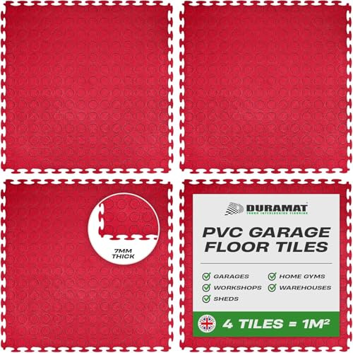 DuraStud Red Heavy Duty Interlocking Garage Flooring Tiles | 500mm x 500mm x 7mm | PVC Garage Floor Tiles for Garage, Workshop, Home Garage & Showroom Flooring | Pack of 4 Tiles