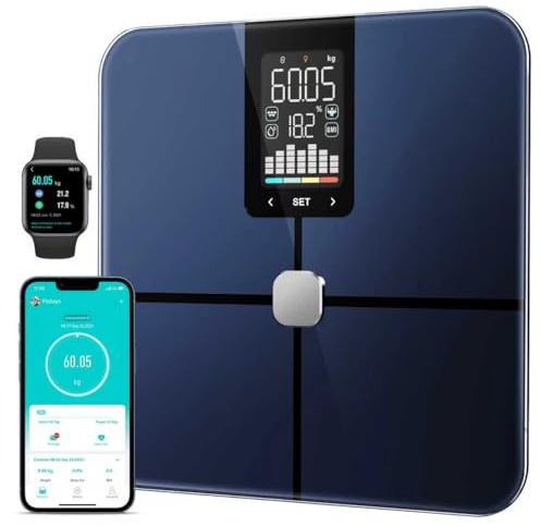 Tychesy Körperfettwaage, Smart Waage mit Körperfett und Muskelmasse, BMI, und 14 Körpermesswerte, Digitale Personenwaage mit Körperfettanalyse, präzise Körperanalysewaage mit großes Display, 180 kg