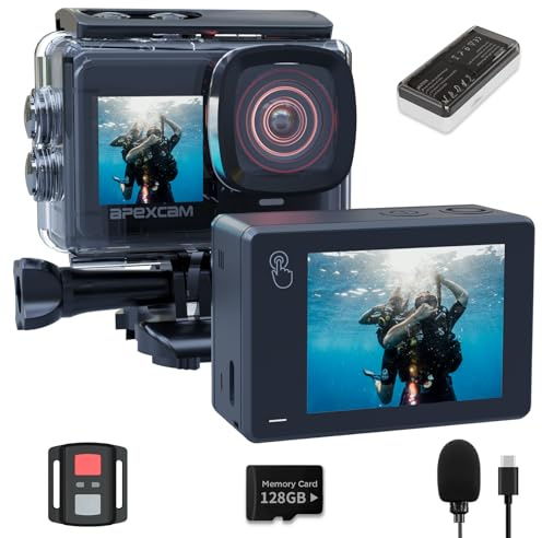 Caméra Sport 4K 48MP avec Carte 128GB, Action Cam Double Écran Tactile WiFi, Stabilisation EIS, Camera Étanche 40M avec Télécommande, 2 Batteries 1350mAh et Kit d'Accessoires, Idéal pour Vlog/Plongée