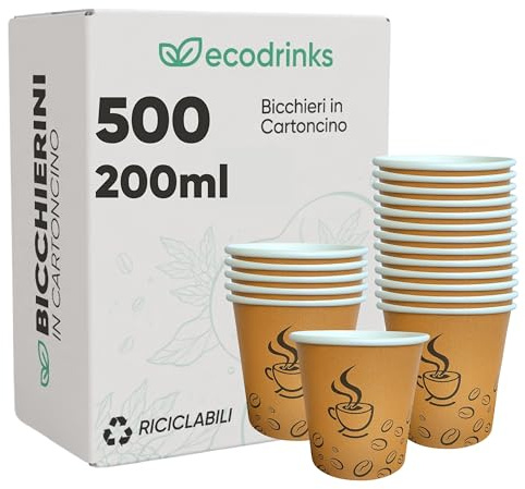 ecodrinks 500 Bicchieri di Carta da 200ml, Colore Avana e Grafica Caffè - Rivestimento Interno Impermeabile, Perfetti per Bevande Calde - Biodegradabile, Look Professionale - Per Bar, Ufficio, Eventi