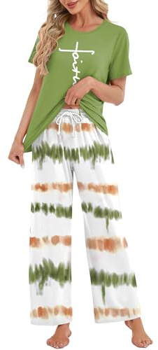 Rapbin Pyjama pour femme - Manches courtes - Vêtement de nuit pour femme - Vêtement de détente - Haut et pantalon de pyjama long avec poches - Deux pièces - Décontracté - Taille élastique - Sleepwear
